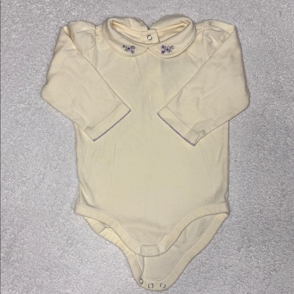Vintage Gymboree Cream embroidered purple flower long sleeve bodysuit 12/18m